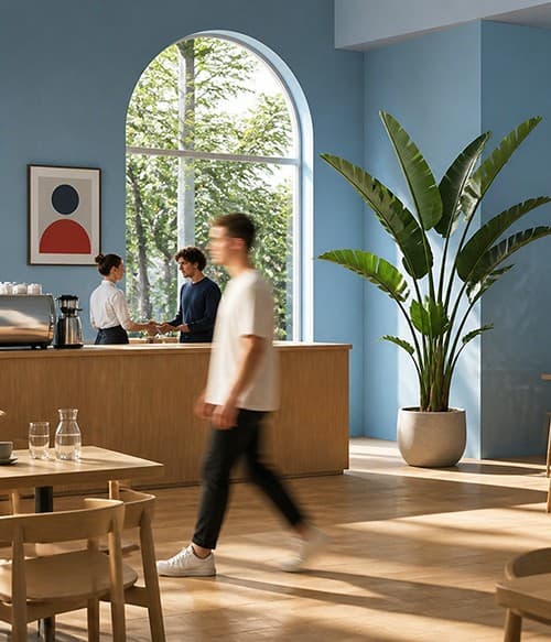 Sunlit studio space with a blue wall and a person walking past